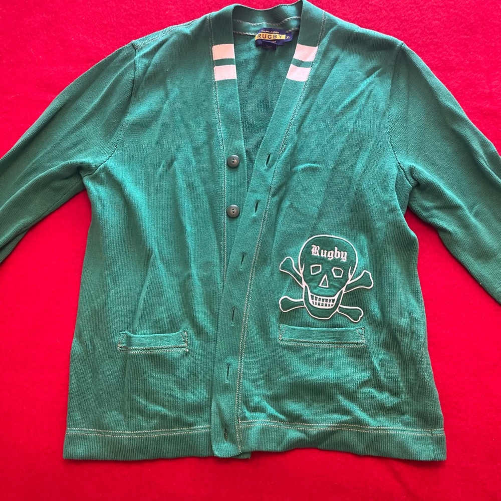 Rugby Green Cardigan with Skull Design